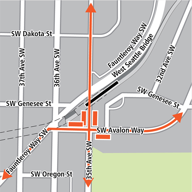 Mapa con un rectángulo negro que indica la ubicación de la estación en Fauntleroy Way Southwest, rectángulos anaranjados que indican paradas de autobús y líneas anaranjadas que indican rutas de autobús sobre Fauntleroy Way Southwest, 35th Avenue Southwest y Southwest Avalon Way. 
